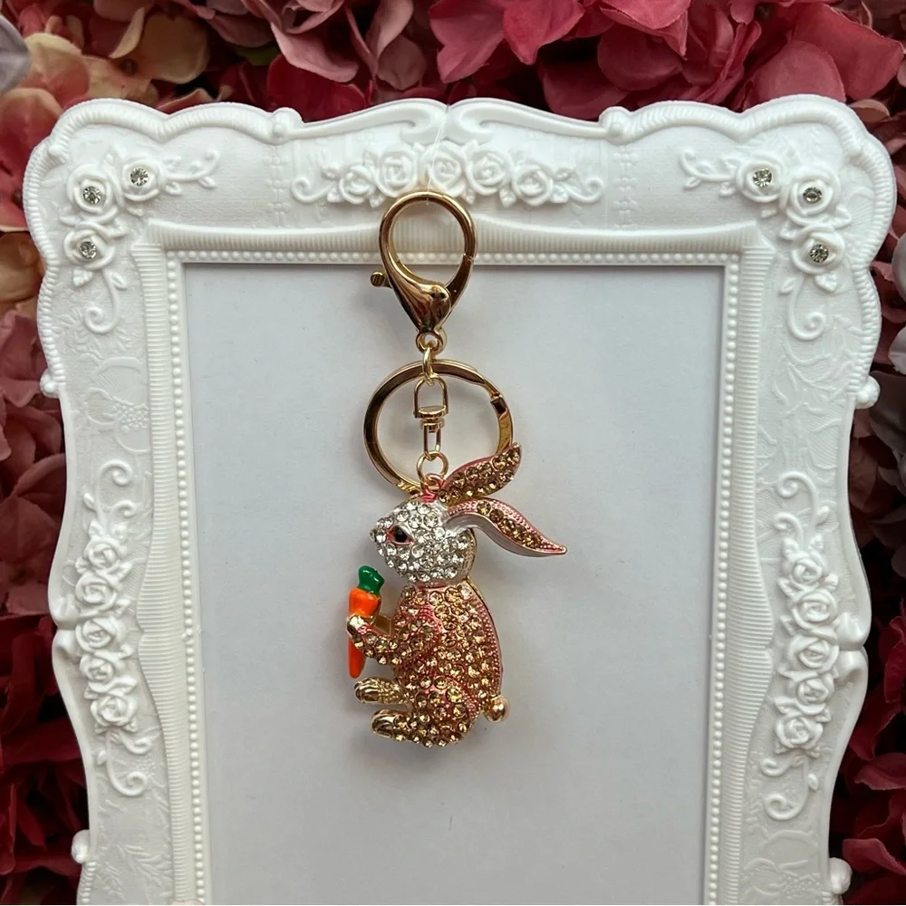 Champagne and Silver Crystal Bunny Rabbit with Carrot Keychain Charm - Picture 10 of 16